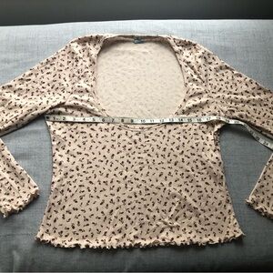 90s style Floral Print Women's Top - Cream and Brown with ruffled edges